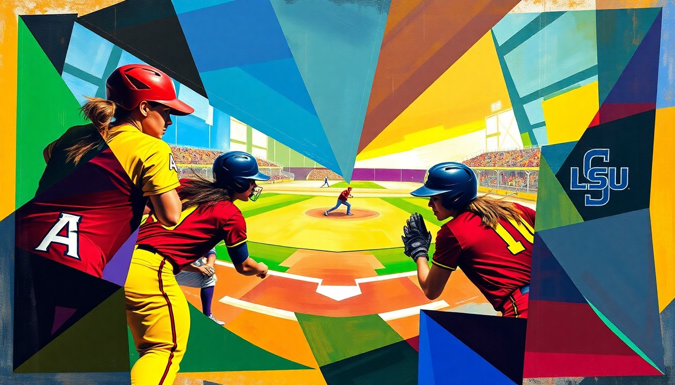 A cubist-style painting depicting a softball game, with the players' forms broken down into sharp, overlapping geometric shapes in the colors of Arizona and LSU uniforms. The scene conveys the dynamic energy and competition of the sport.