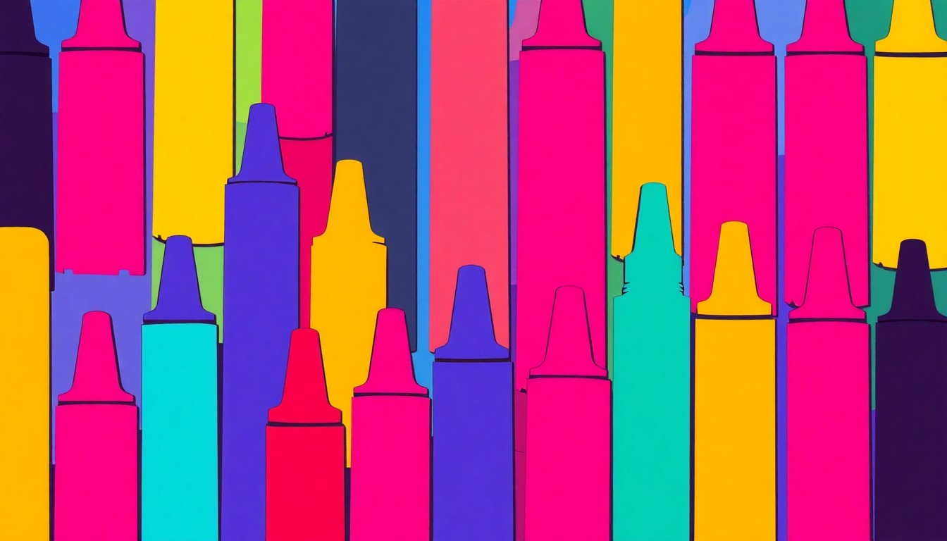 A brightly colored, high-contrast silkscreen print of a single, iconic children's art supply item such as a paintbrush, crayon, or marker, repeated in a tight grid pattern, conceptually representing the participatory, accessible approach of the RED Children's Art Museum.