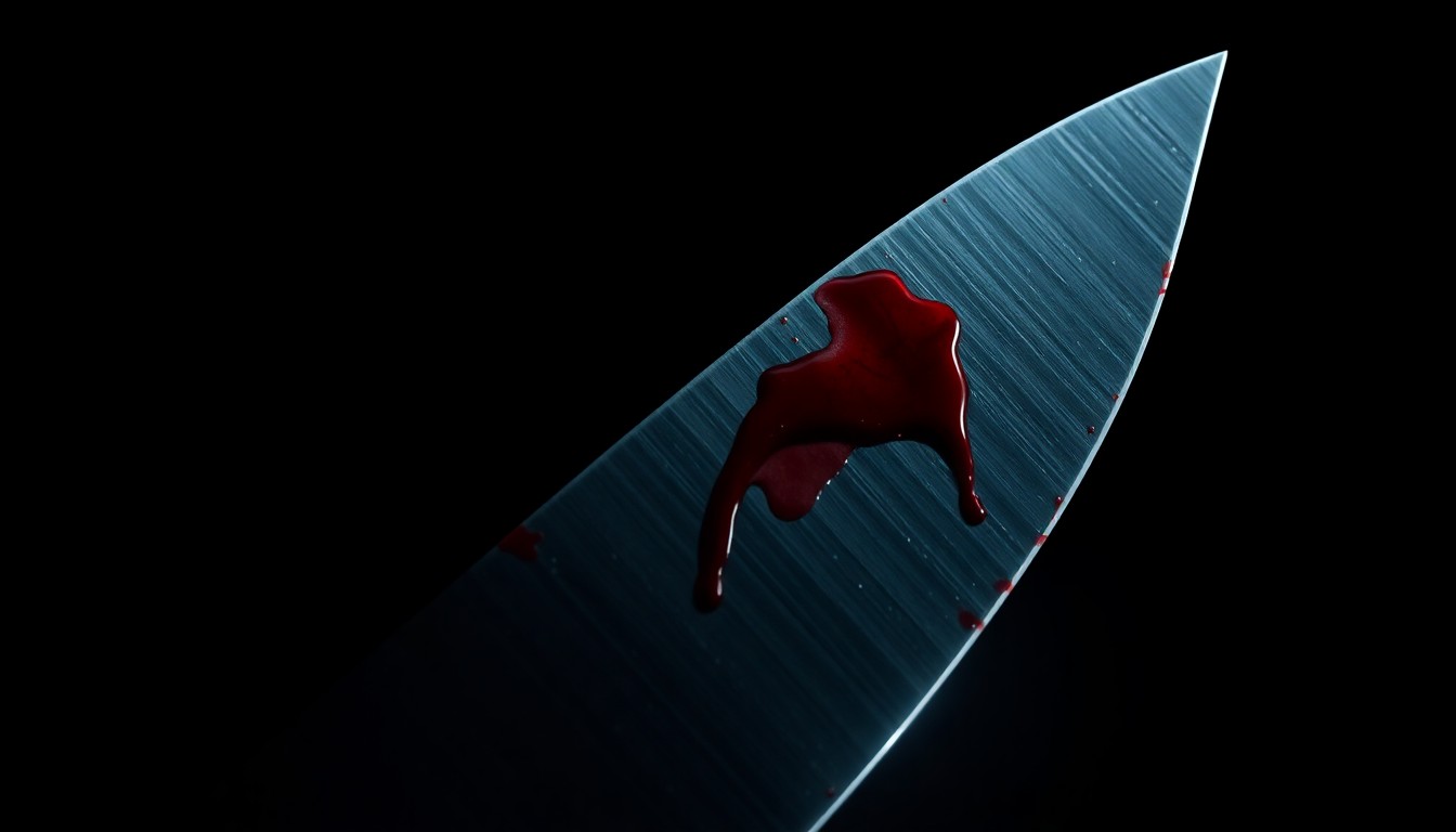 An extreme close-up of a bloody knife blade reflecting a harsh, direct camera flash, conceptually illustrating the violence of a stabbing incident.