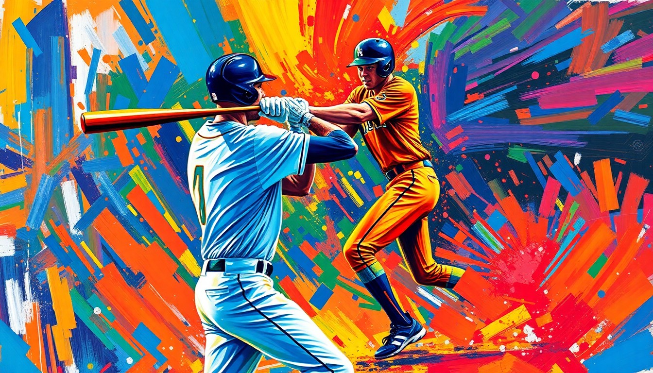 An abstract, expressionist painting featuring vibrant brushstrokes of neon orange, yellow, and blue, capturing the dynamic motion and energy of a baseball player swinging a bat and hitting a home run.