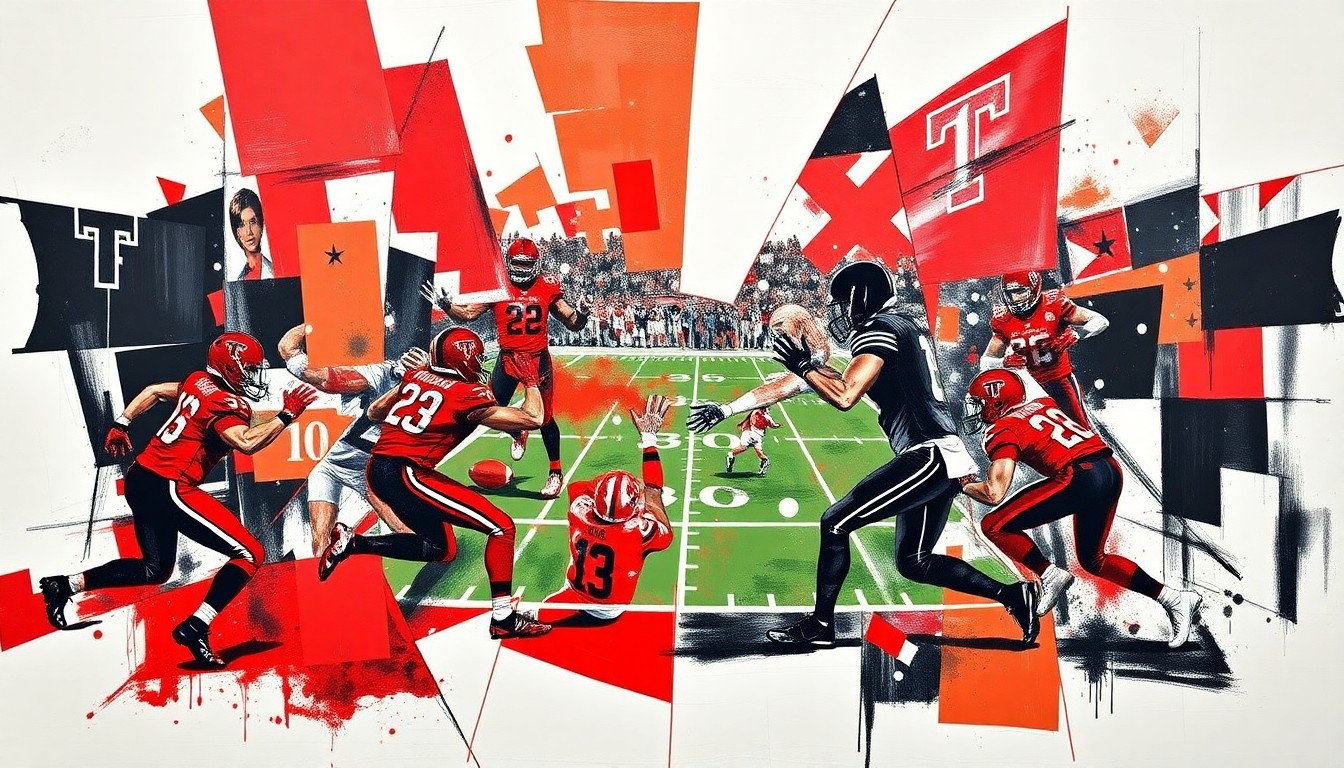 A cubist-style painting depicting a football game or match, with the players and field broken down into sharp, overlapping geometric shapes in shades of red, black, and white.