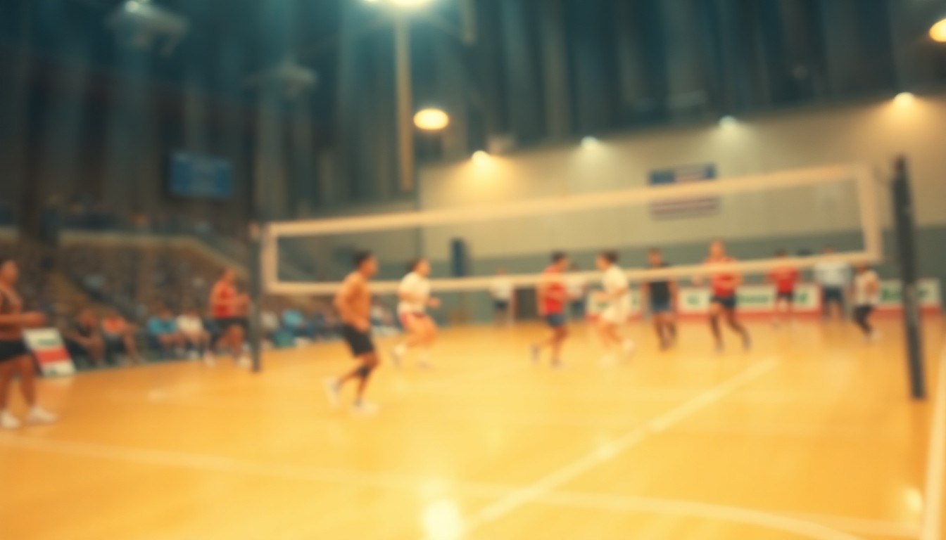 An abstract, out-of-focus scene of a volleyball court with players in motion, captured in a warm, hazy color palette that evokes the energy and atmosphere of a sports event.