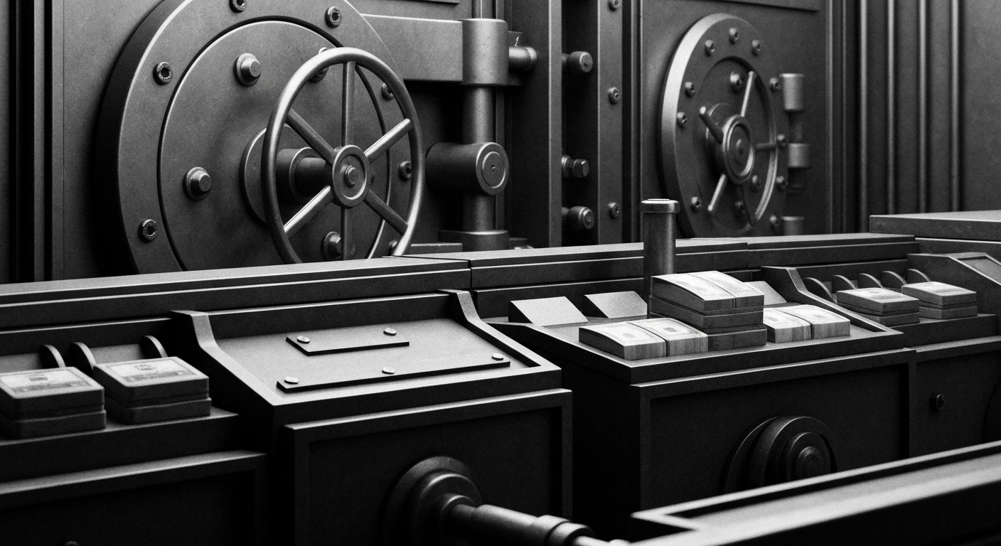 A dramatic, high-contrast black-and-white close-up of heavy banking machinery and security equipment, representing the robust financial infrastructure that enables secure online trading platforms.