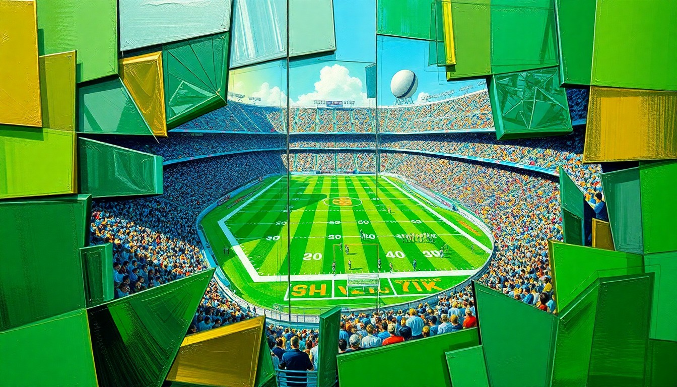 A cubist, geometric painting depicting a fragmented football stadium and game action, with sharp planes of green, blue, and gold colors overlapping to create a dynamic, abstract visual representation of the topic.