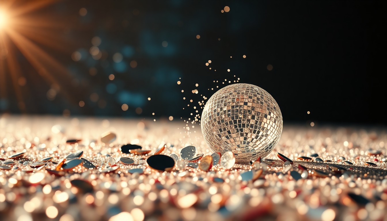 An abstract close-up image of shimmering sequins and shattered glass, capturing the glitz and glamour of a major awards show through dramatic, high-contrast lighting and textures.