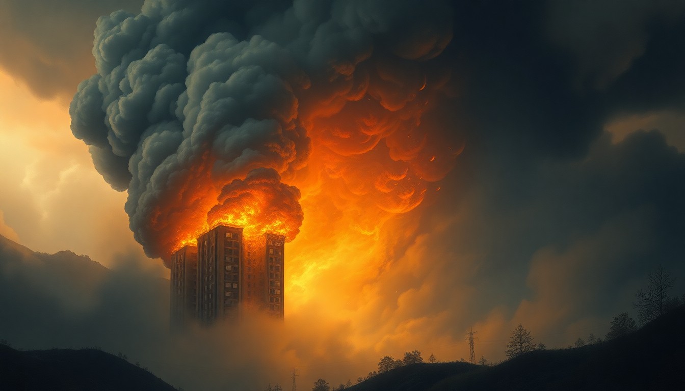 A sweeping, atmospheric landscape painting in muted tones of grey, orange, and black, depicting a raging fire consuming an apartment building in the distance, with billowing smoke obscuring the details and dwarfing the physical structure.
