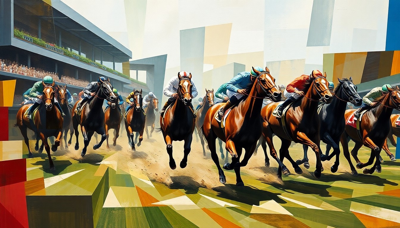 A fragmented, geometric painting depicting the motion and energy of a horse race, with overlapping planes of color and form capturing the excitement of the Kentucky Derby qualifiers.