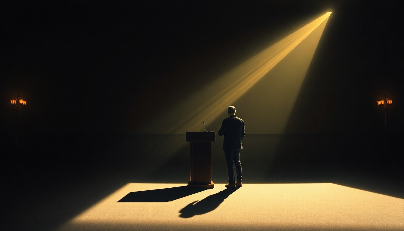 A dimly lit conference room with a lone politician standing at a podium, the scene bathed in warm, diagonal sunlight and deep shadows, conveying a sense of uncertainty and anticipation surrounding the future of transatlantic cooperation.