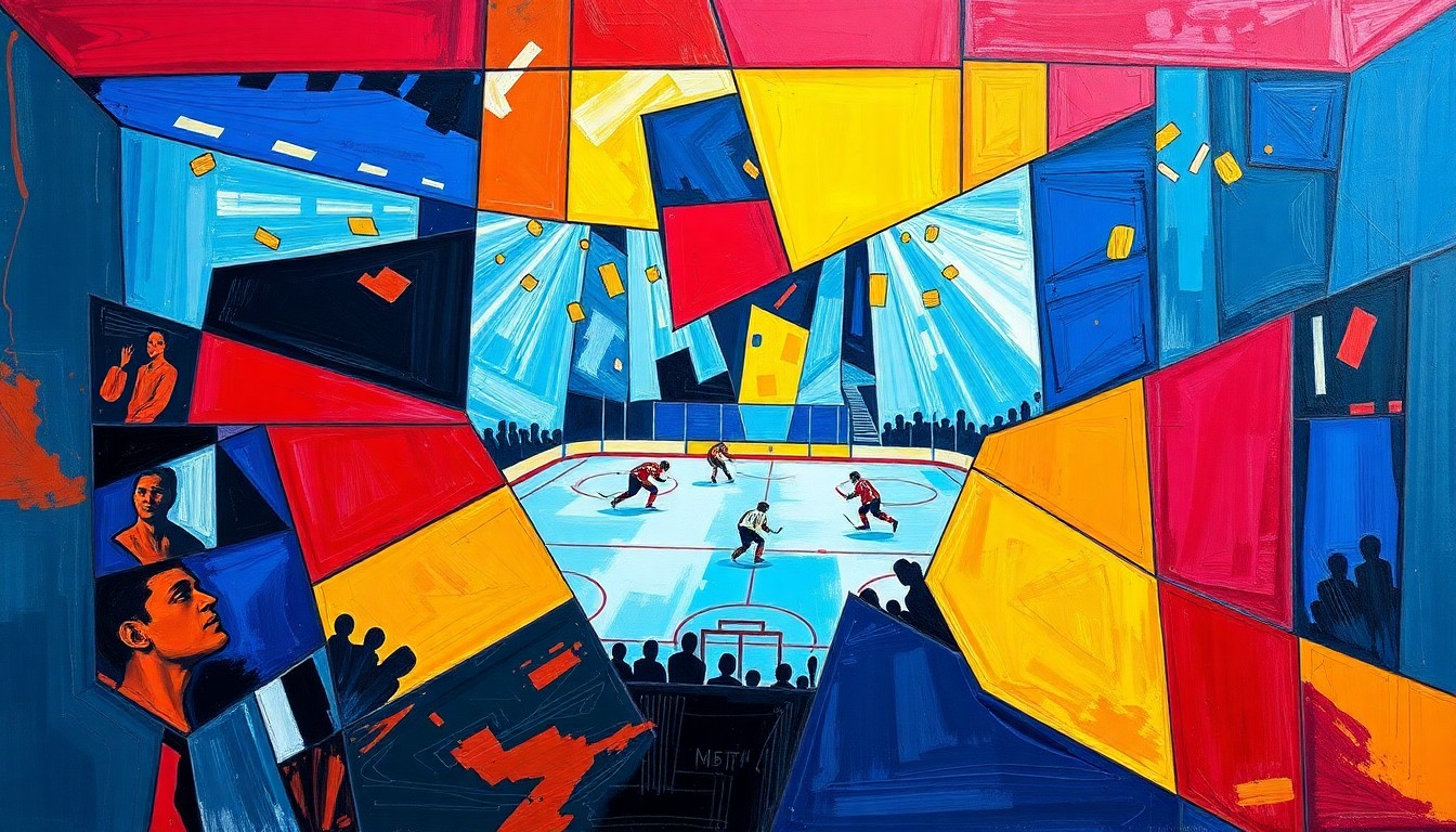 A cubist, geometric painting depicting the action of a hockey game, with sharp, overlapping planes of color representing the players and the intensity of the match.