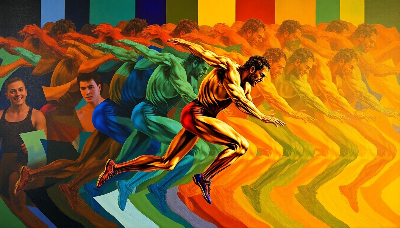 A dynamic, abstract painting of a wrestler's body repeated in overlapping, fractured geometric shapes and vibrant colors, conveying the energy and movement of professional wrestling.