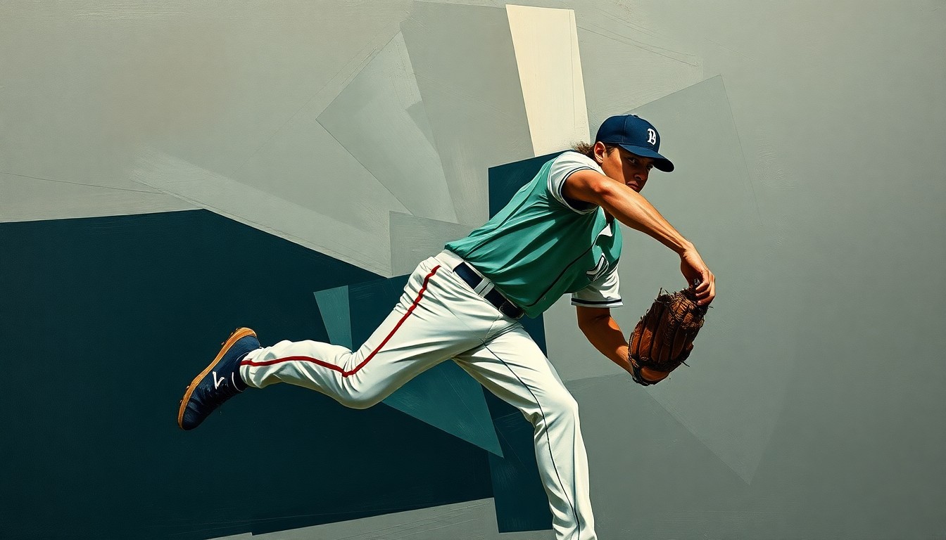 A conceptual, cubist-style painting depicting a baseball pitcher's throwing motion broken down into sharp, overlapping geometric shapes in muted navy, forest green, and charcoal grey tones, conveying the disruption and uncertainty surrounding the Cubs' injury-plagued bullpen.