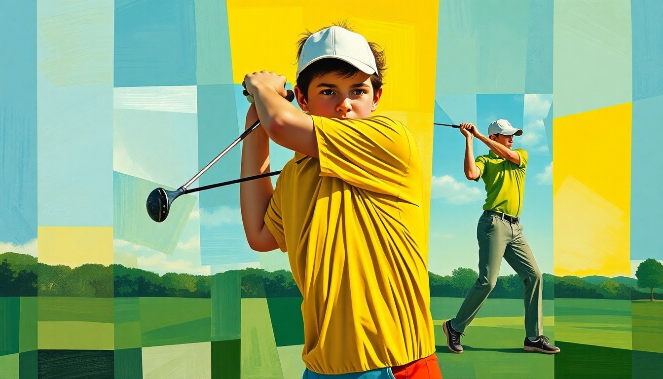 A fractured, multi-perspective painting depicting the essential forms and movements of a young golfer's swing, with the player's face and body abstracted into sharp, overlapping geometric planes in a vibrant color palette.