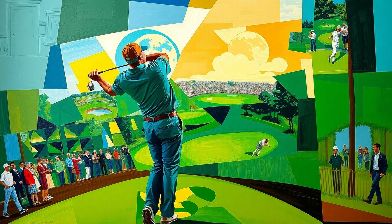 A fragmented, geometric painting depicting a golfer's swing and the Masters tournament in a cubist style, using bold colors to represent the psychological intensity of the event.