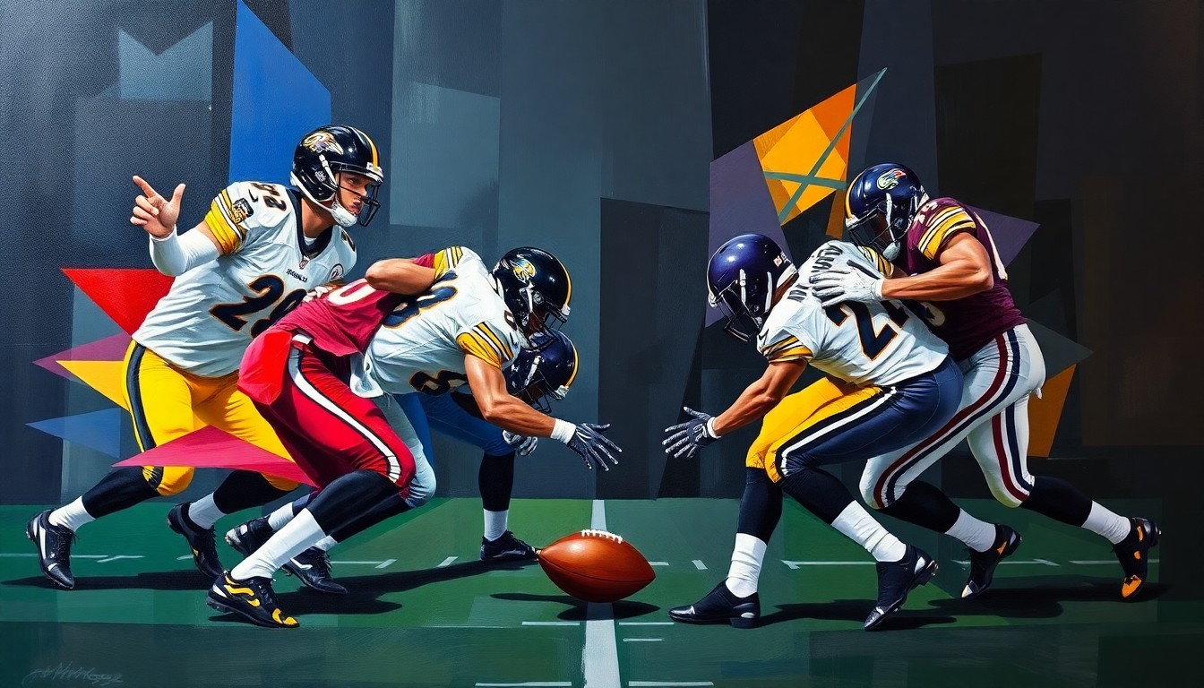 A fractured, multi-perspective painting depicting a football game between the Baltimore Ravens and Pittsburgh Steelers. The players' forms are abstracted into angular shapes, with the ball and field lines cutting through the composition in a cubist style. Vibrant colors of the teams' uniforms contrast against a dark, moody background.