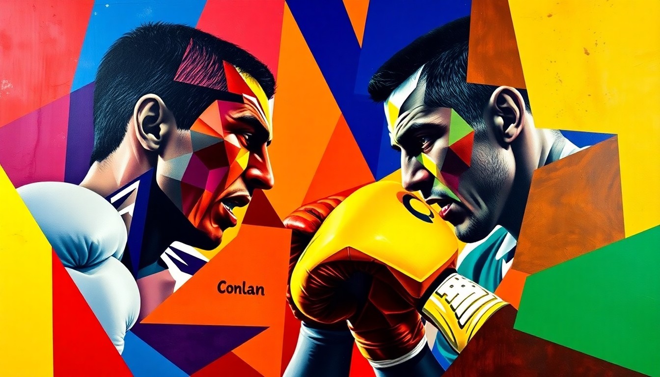 A cubist-style painting depicting a boxing match between two figures, their forms broken down into sharp, geometric shapes in a vibrant color palette, capturing the raw energy and unpredictability of the sport.