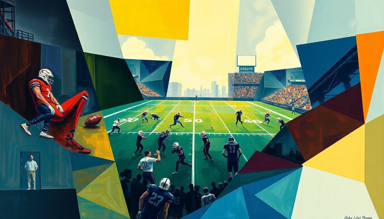 A cubist, geometric painting depicting a football game or practice, with the players and field broken down into abstract shapes and planes of color.