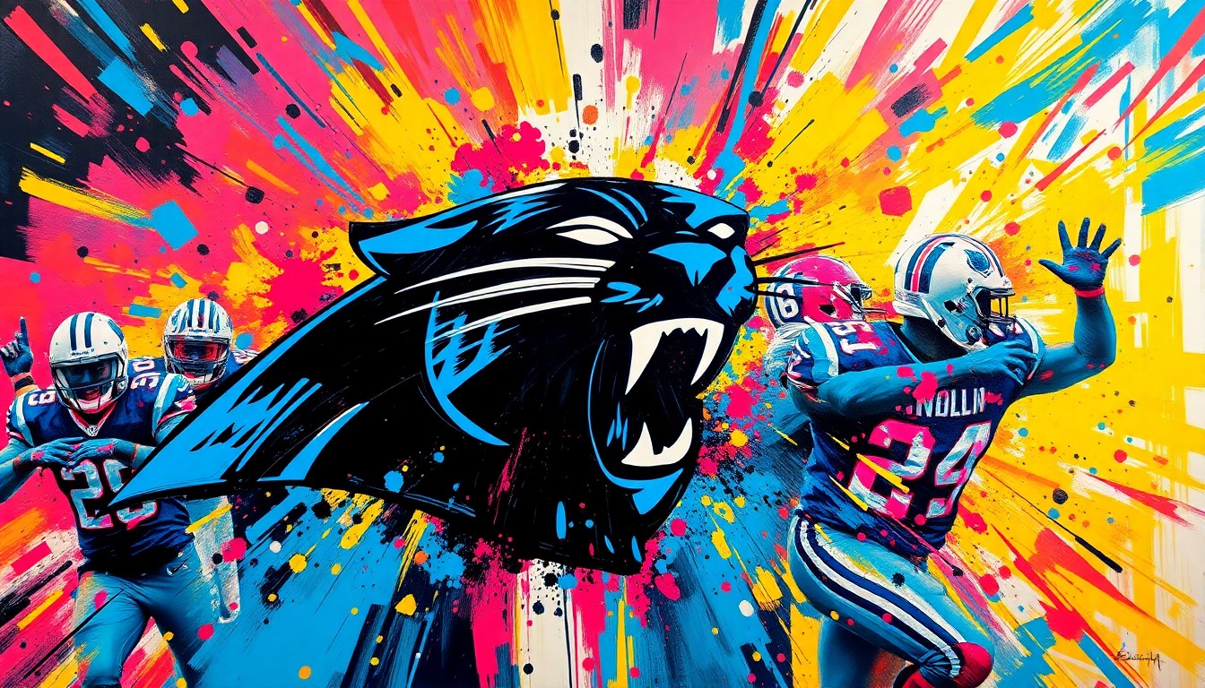 An abstract, expressionist painting in vibrant neon colors, capturing the raw emotion and energy of the Carolina Panthers' unexpected division title victory with rapid, dissolving brushstrokes.