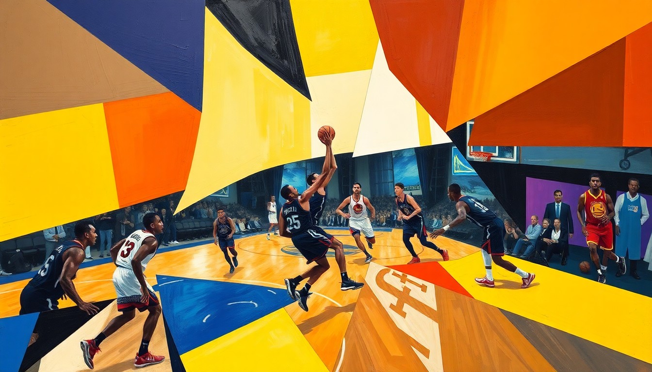 A cubist-style painting depicting a basketball game between the Sacramento Kings and Golden State Warriors, with the players' movements and the intensity of the game captured through sharp, overlapping geometric planes in a vibrant color palette.