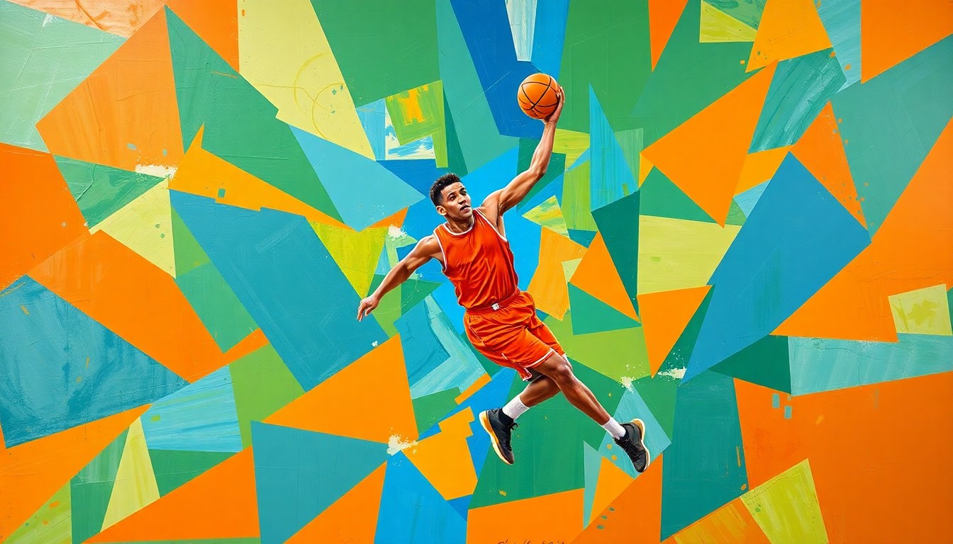 A cubist, geometric painting depicting the dynamic movements and energy of a basketball player, with sharp planes of vibrant orange, blue, and green colors.