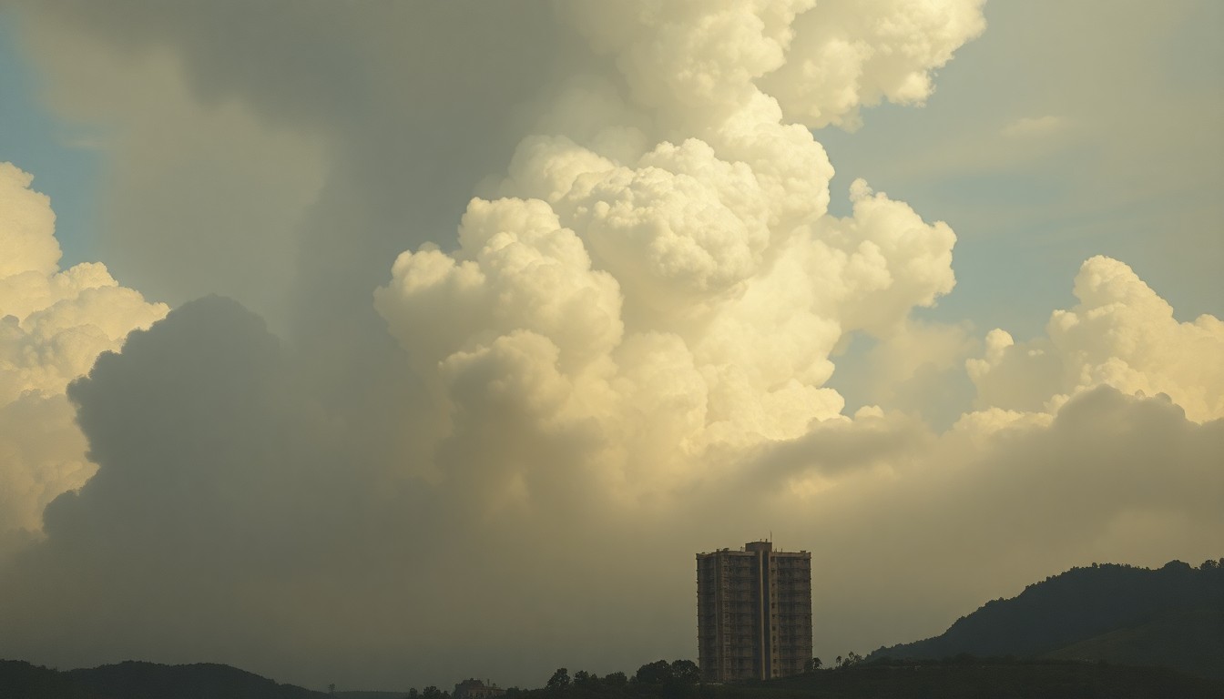 A sweeping, atmospheric landscape painting in muted earth tones, with a massive plume of thick smoke billowing up from the silhouette of an unfinished apartment building, conveying the overwhelming scale and power of the natural disaster.