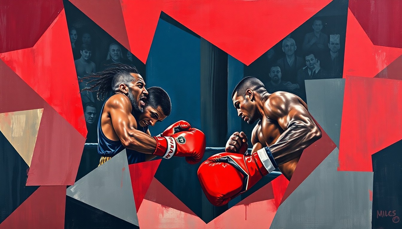 A fragmented, cubist-style painting depicting the chaotic energy of a boxing match, with sharp geometric shapes and planes in a palette of deep reds, dark blues, and metallic grays, conveying the complexity and power dynamics at play in the sport.