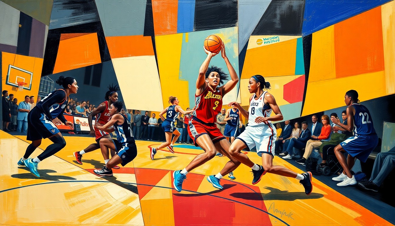 A cubist, geometric painting depicting the dynamic movements and energy of a WNBA basketball game, with players and the ball rendered in an abstract, fragmented style.