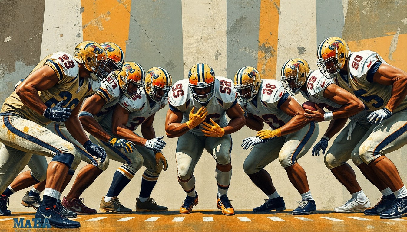 A cubist, geometric painting depicting the fragmented forms of a football offensive line, with players' bodies and equipment broken down into abstract shapes and planes of earthy colors.