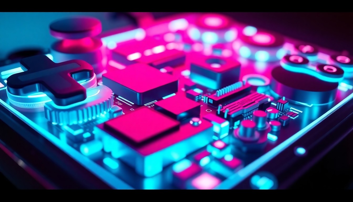 A highly detailed, three-dimensional illustration of a mobile gaming console or controller, with neon cyan and magenta lights illuminating the intricate hardware components, conceptually representing the technological advancements and innovation driving the mobile gaming industry.