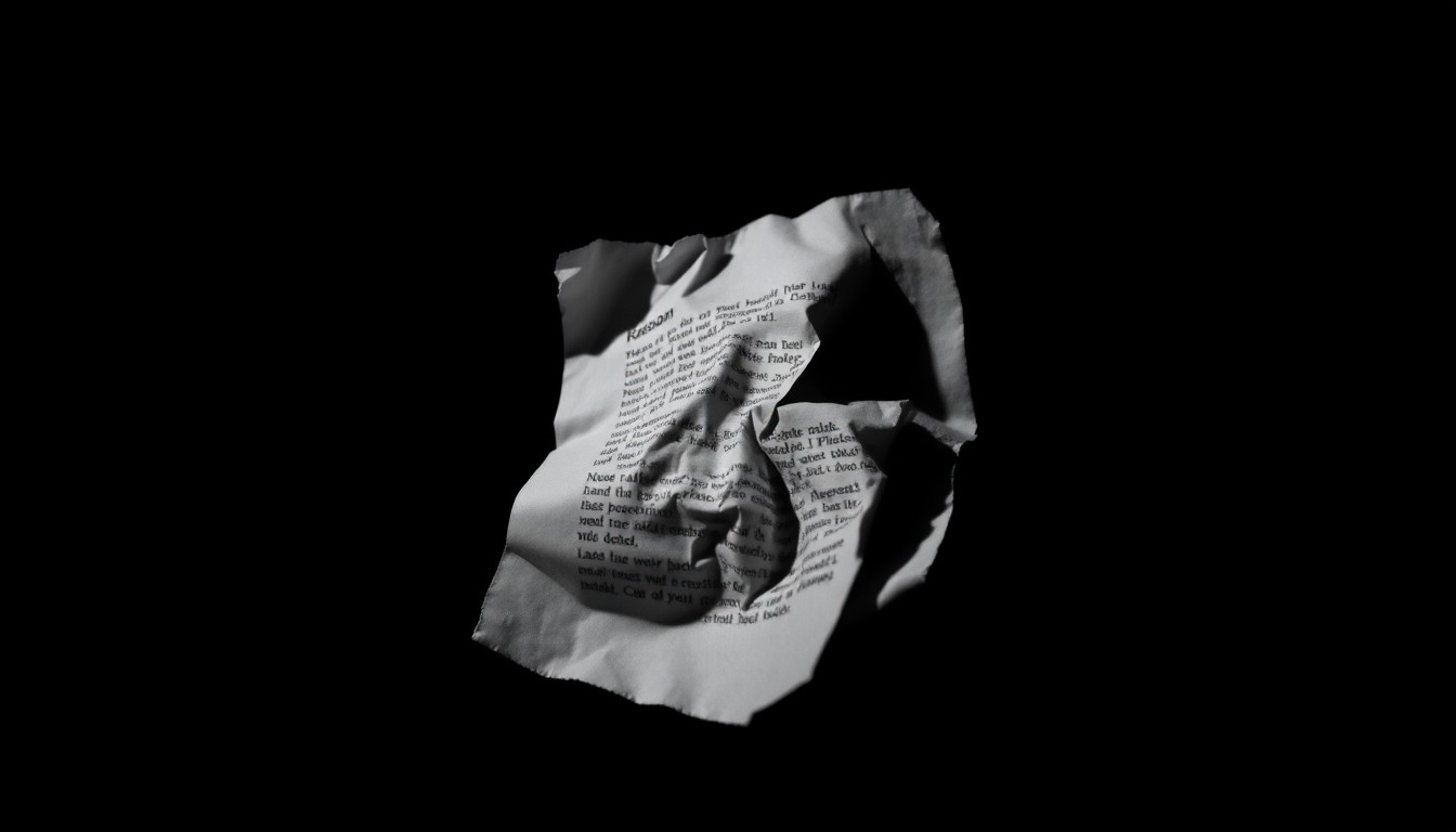 An extreme close-up photograph of a crumpled piece of paper, the surface texture and shadows creating a stark, gritty visual that conceptually represents the physical evidence in this suspected kidnapping case.