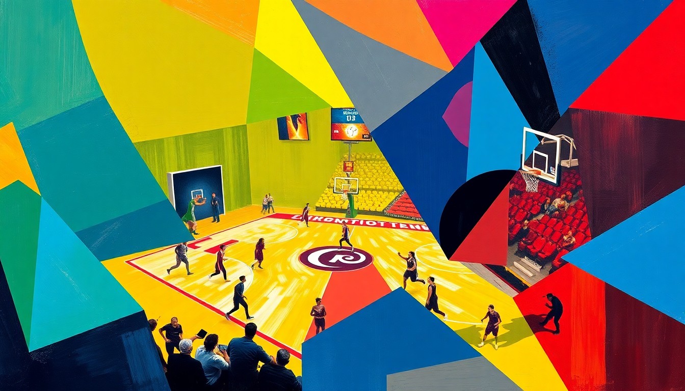 A cubist, geometric painting depicting a WNBA basketball game in motion, with the players and court broken down into overlapping angular shapes and planes in the Tempo's team colors of red, white, and blue, conveying the energy and dynamism of the sport.