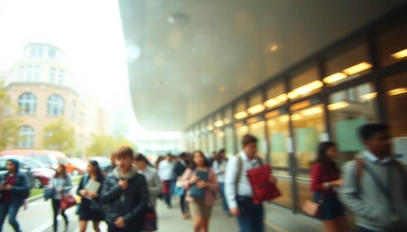 An abstract, impressionistic scene of a blurred, rain-streaked school campus, with indistinct figures moving through the frame, conveying a sense of the complex and fragile nature of labor relations in the education sector.