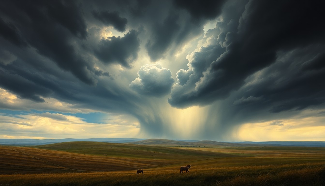 A sweeping, atmospheric landscape painting in muted tones of gray, blue, and green, with a dramatic, turbulent sky dominating the scene and dwarfing the rolling hills and fields below, conveying the overwhelming power of an approaching severe storm.