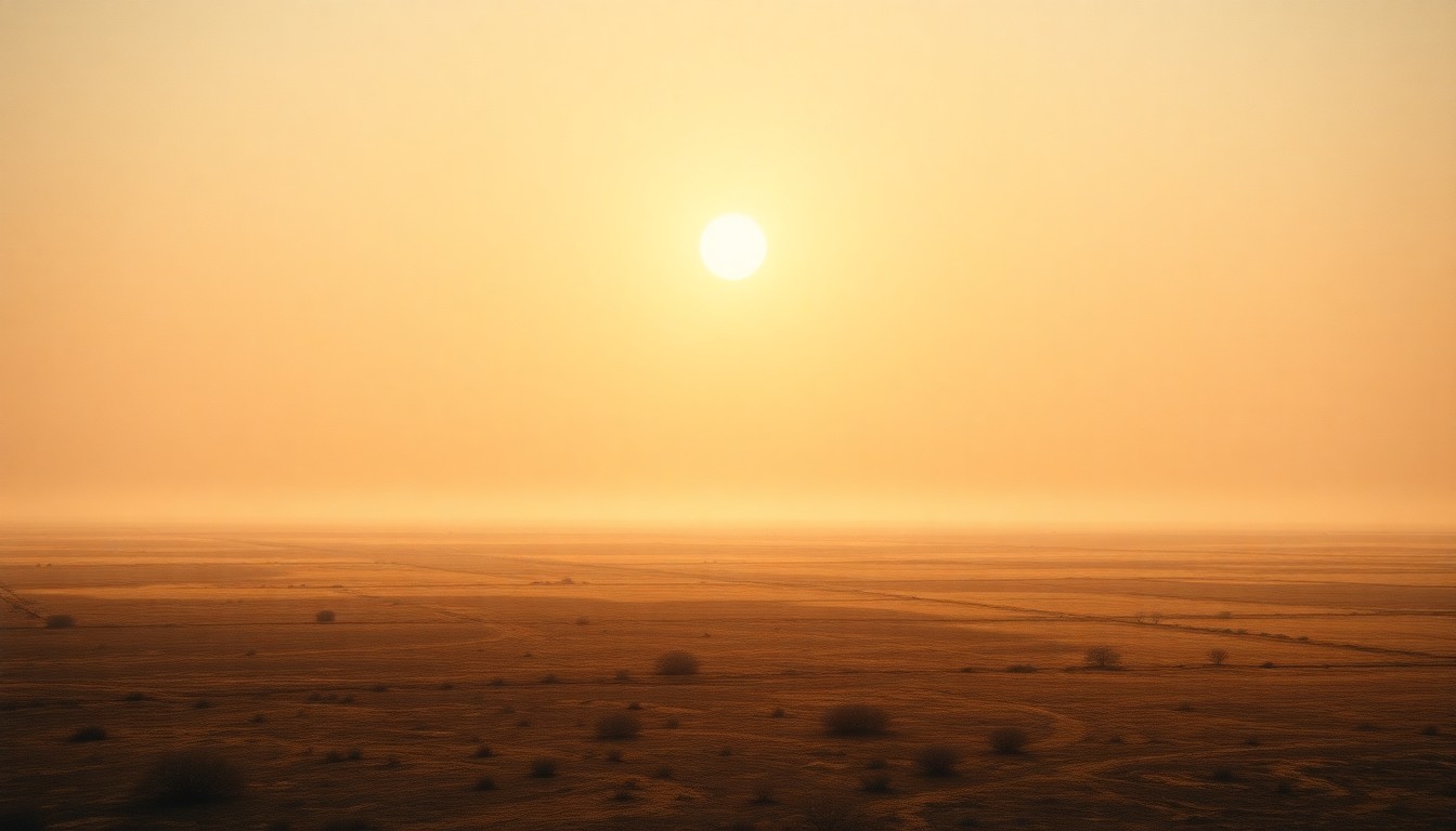 A sweeping, atmospheric landscape painting in muted tones of ochre, sienna, and pale blue, depicting a vast, hazy horizon over a desolate, sun-baked field, conveying the overwhelming scale and oppressive nature of an impending heat wave.