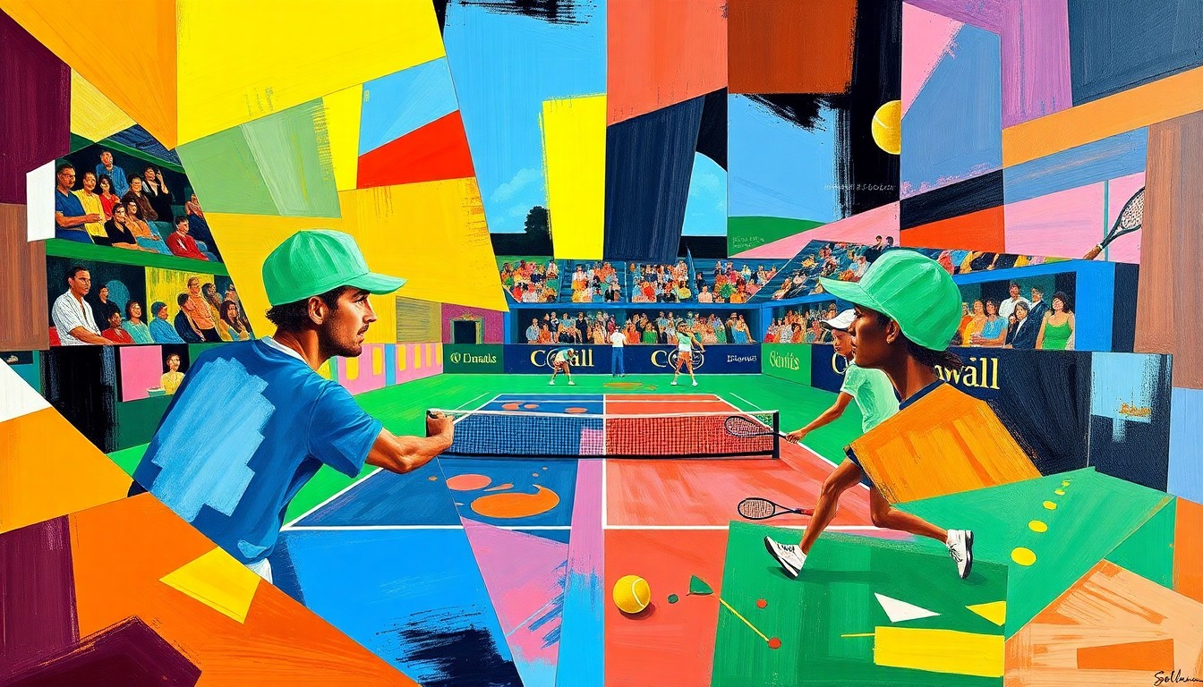 A dynamic, abstract painting in the style of Pablo Picasso, featuring overlapping geometric shapes and planes of vibrant colors representing the tennis match between Jessica Pegula and Karolina Muchova.