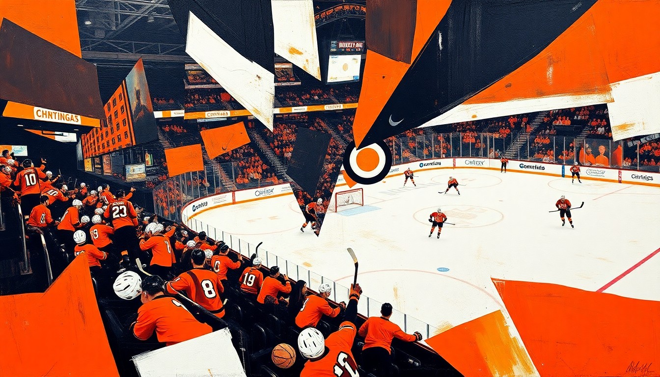 A cubist, geometric painting depicting a Flyers hockey game, with sharp, overlapping planes of orange, black, and white colors representing the team's resurgence and playoff push.