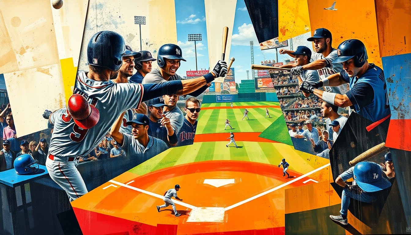 A fragmented, cubist-style painting depicting various baseball players and game actions broken down into sharp, overlapping geometric shapes and planes in a dynamic, energetic composition.