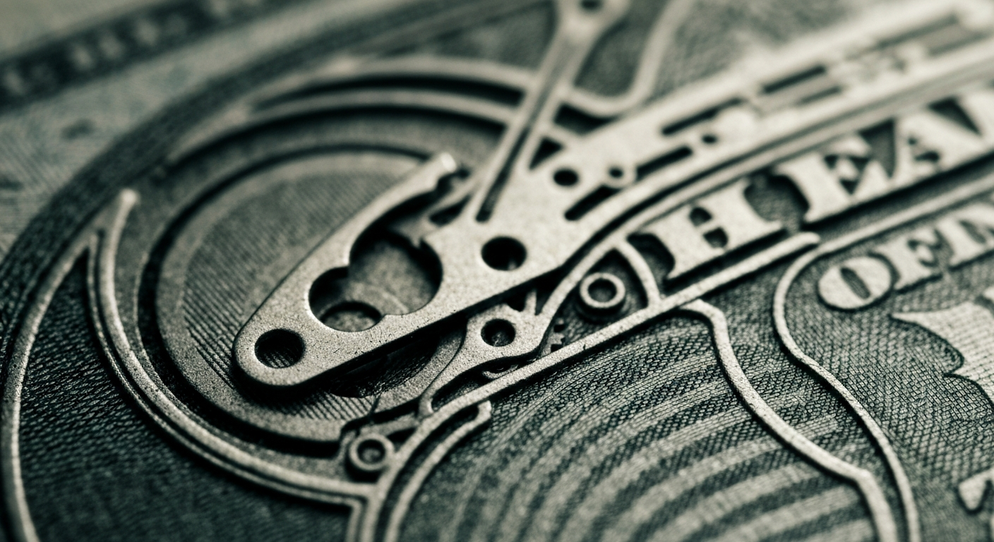 A highly detailed, cinematic close-up image of the mechanical components and security features of a $1 bill, rendered in a high-contrast, gritty industrial style that conveys the tangible, physical nature of currency production.