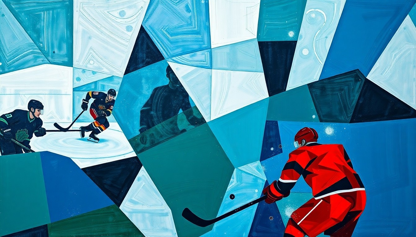 A cubist, geometric painting depicting the abstracted forms of hockey players in motion, with sharp, overlapping planes of deep blue, green, and red colors.