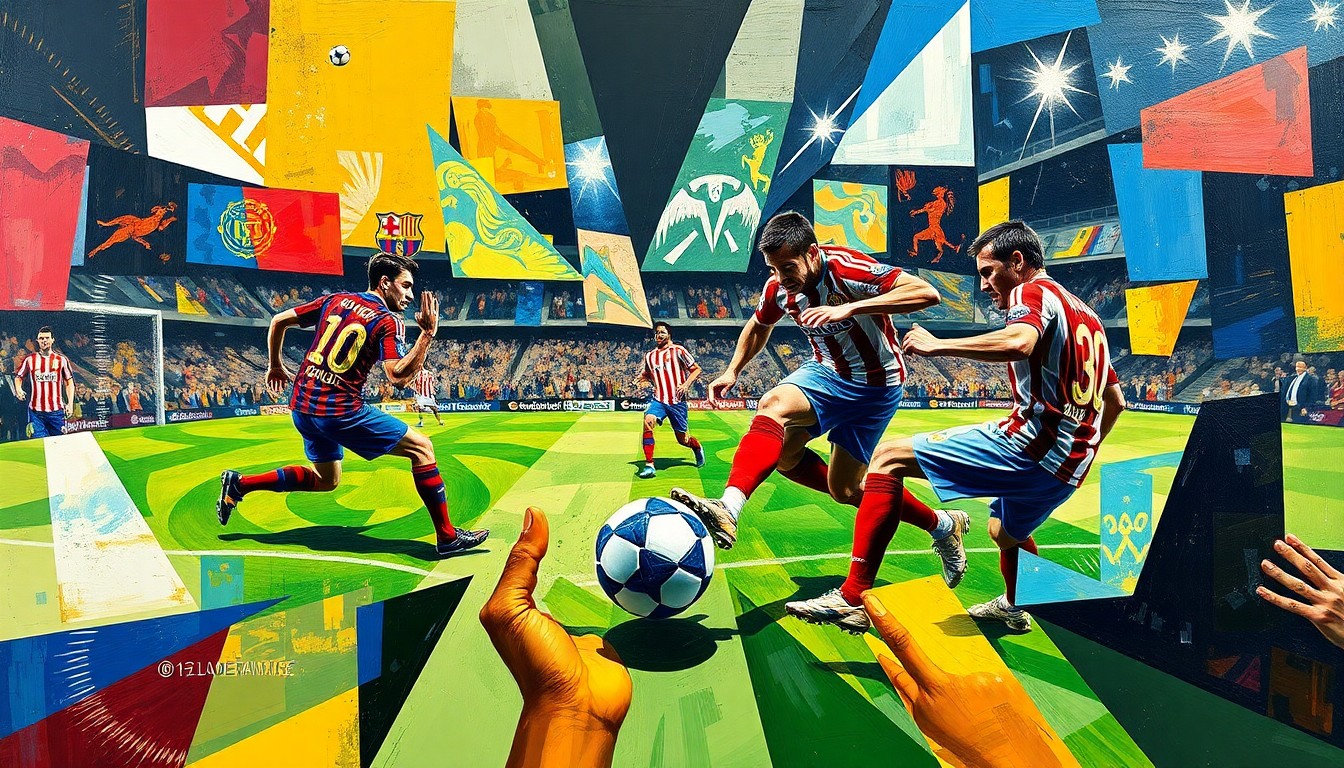 A cubist, geometric painting depicting the intense action of a soccer match between Barcelona and Atletico Madrid, with the players and ball deconstructed into sharp, overlapping shapes and planes of color.