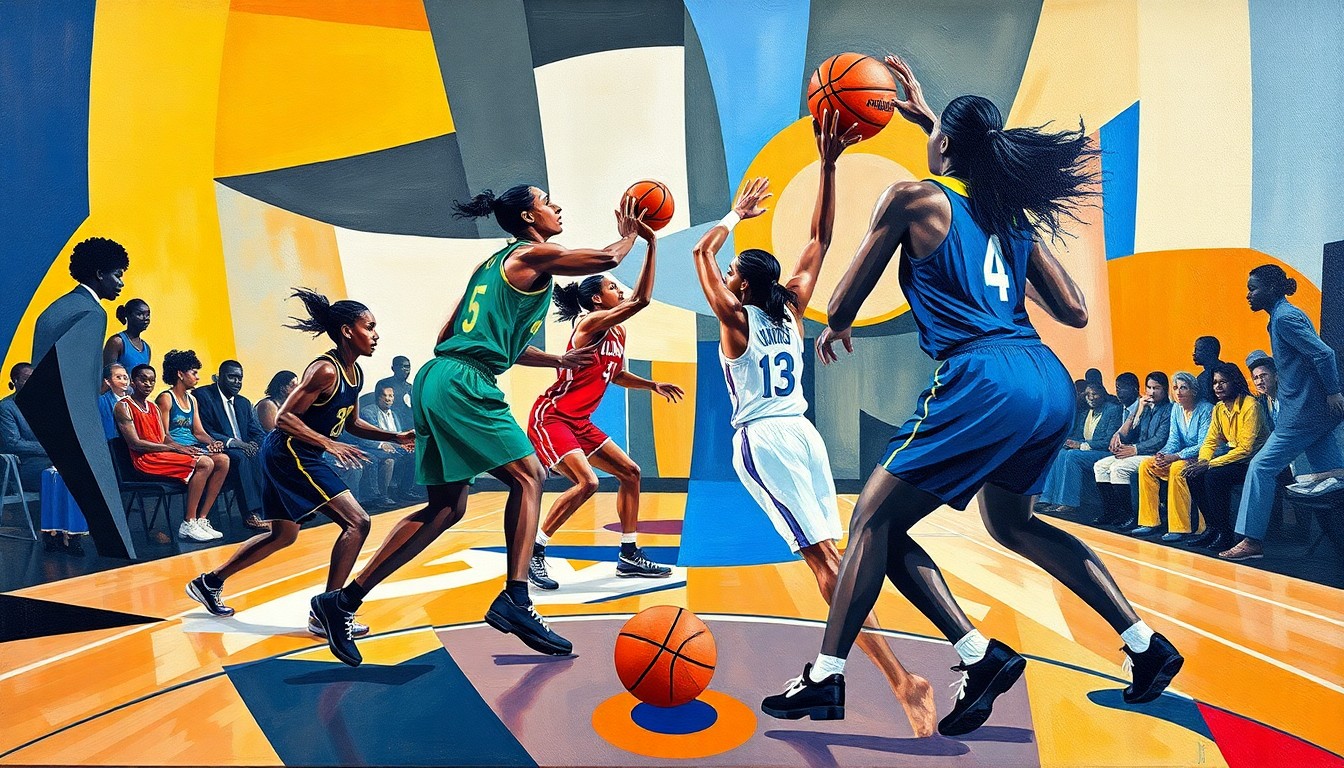 A cubist, geometric painting depicting a WNBA basketball game, with the players and court fragmented into sharp, overlapping shapes in a dynamic, abstract composition.