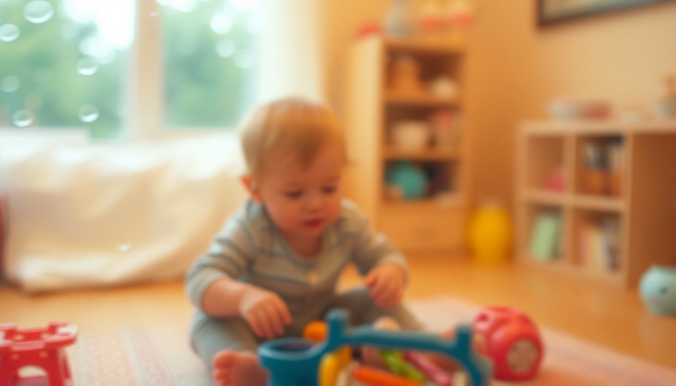 An extremely blurred, warm-toned photograph of a young child playing with toys, conceptually representing the challenges families face in finding affordable and accessible childcare.