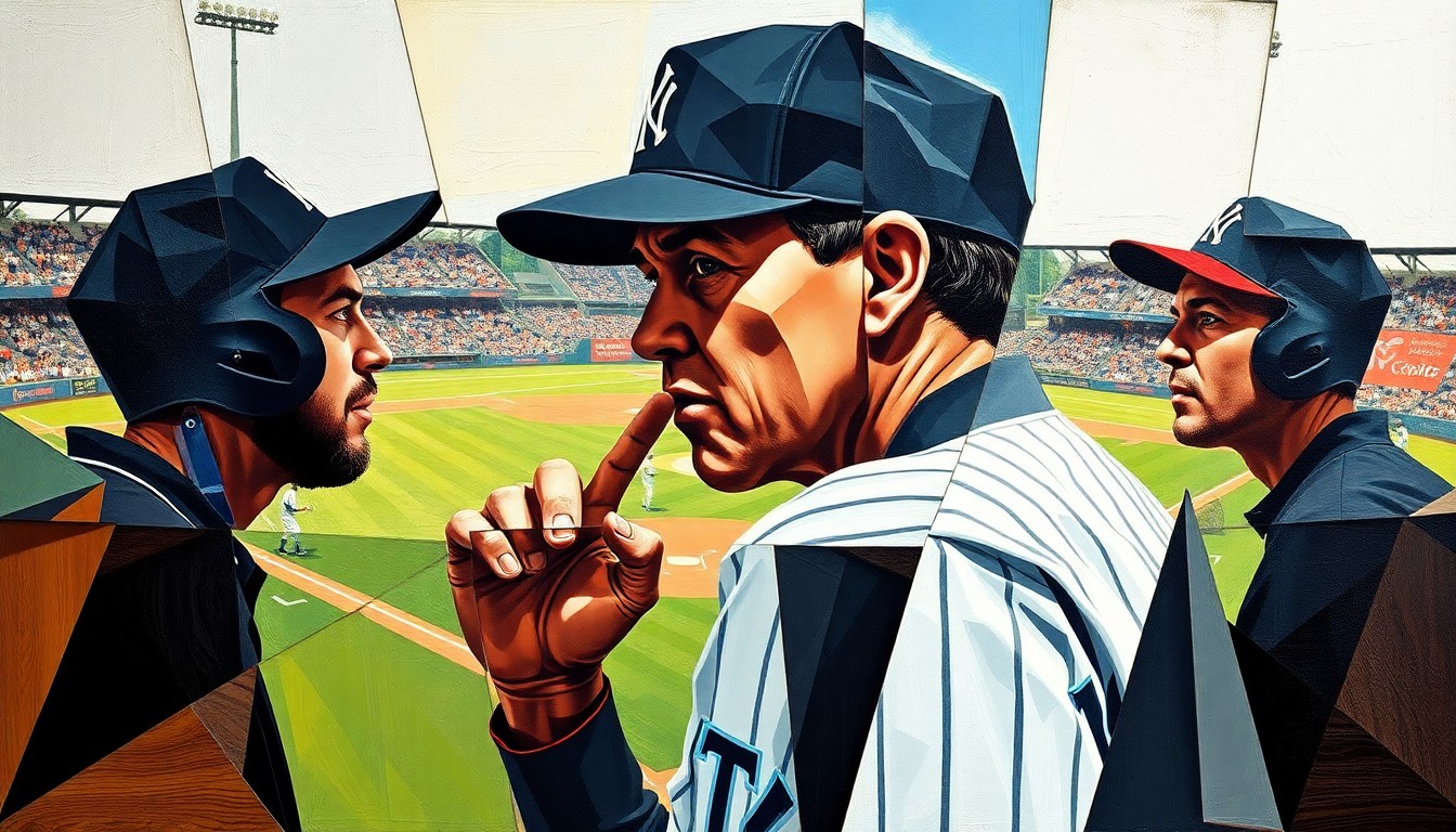 A cubist-style painting depicting a baseball umpire making a call at home plate, with the figure broken down into sharp, overlapping geometric shapes and planes in a dynamic, multi-perspective composition.
