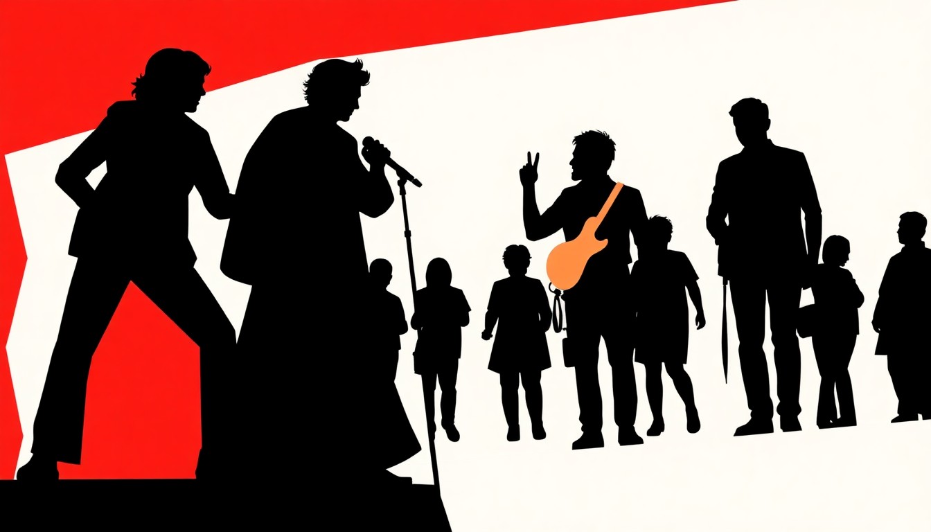 A bold, abstract illustration featuring stark, jagged geometric shapes in high-contrast red and white, conceptually representing the themes of love, resistance, and shared humanity from David Byrne's Coachella performance.