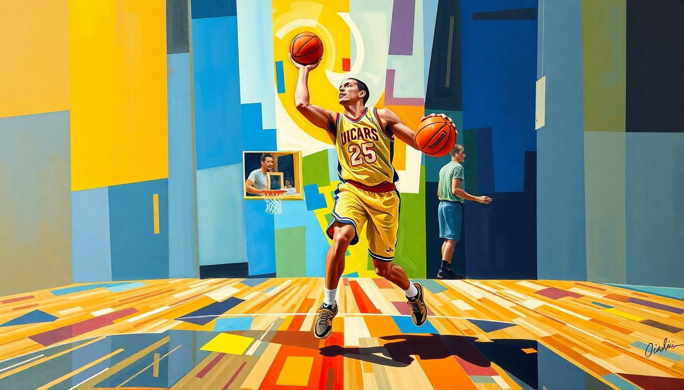A fragmented, cubist-style painting depicting the movements and actions of a basketball player on the court, with sharp geometric shapes and planes in vibrant uniform colors.