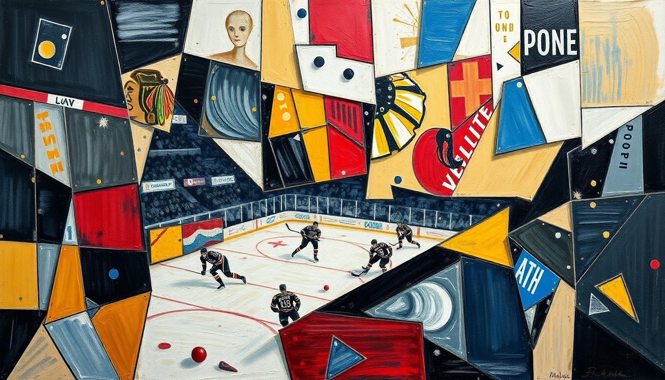 A cubist, geometric painting depicting an NHL playoff race, with sharp, overlapping planes of color and shape representing the complex interplay of on-ice action and off-ice strategy.