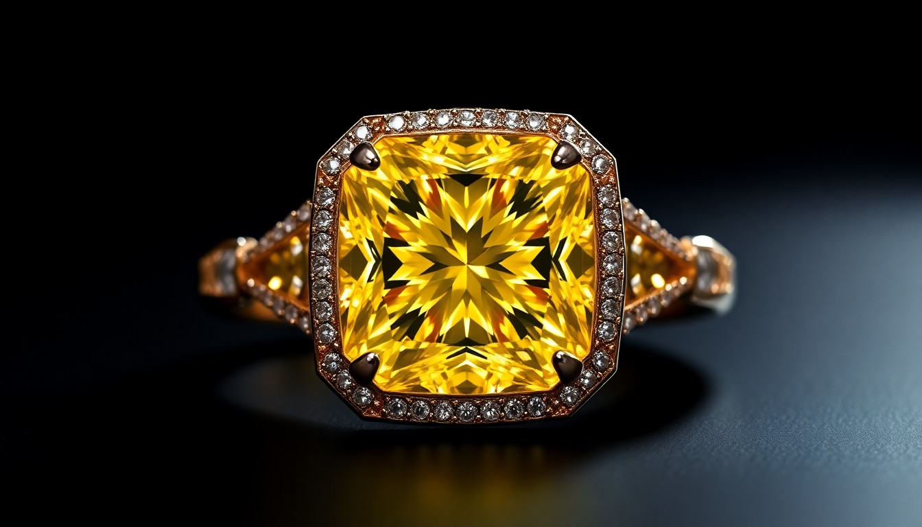 An extreme close-up photograph of a large, cushion-cut yellow diamond engagement ring with a halo setting, shot in dramatic high-contrast studio lighting to capture the luxurious, high-fashion texture and sparkle of the jewelry.