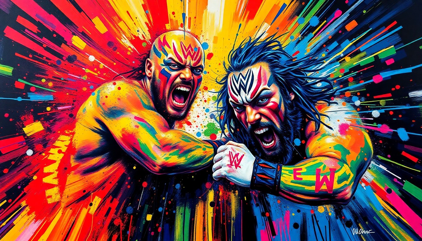 A dynamic, abstract painting in neon colors and expressive brushstrokes, capturing the intense energy and unpredictable nature of a WWE wrestling match.