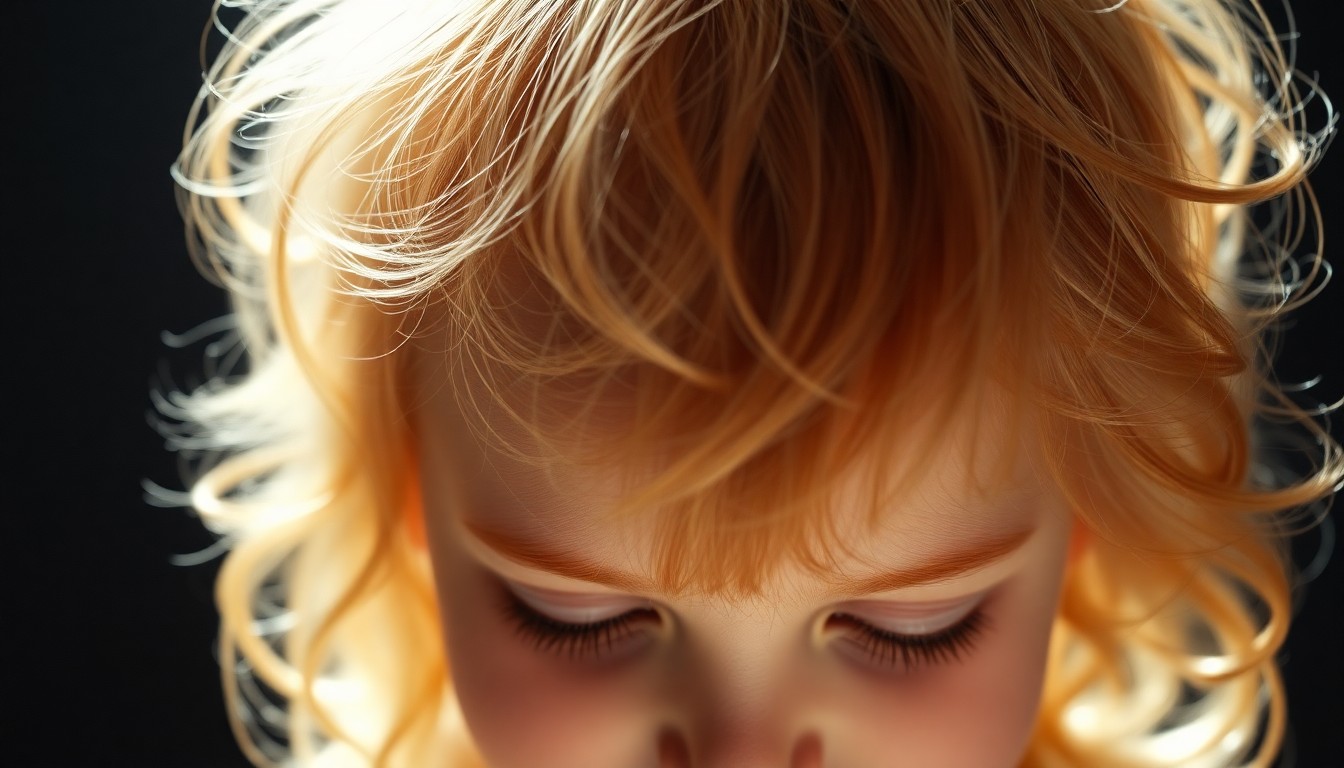 An extreme, abstract close-up photograph of a child's strawberry blonde curls, captured in dramatic, high-contrast studio lighting to create a glitzy, high-fashion aesthetic, conceptually representing the public's interest in the private moments of a celebrity family.