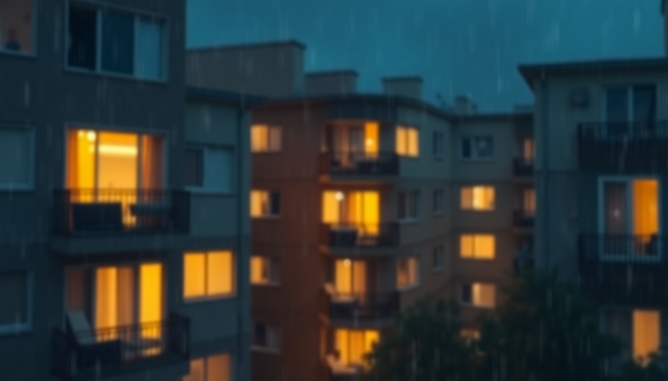 An abstract, out-of-focus image of a residential apartment complex at night, with warm pools of light and color reflecting off rain-streaked windows, conveying a sense of melancholy and loss.