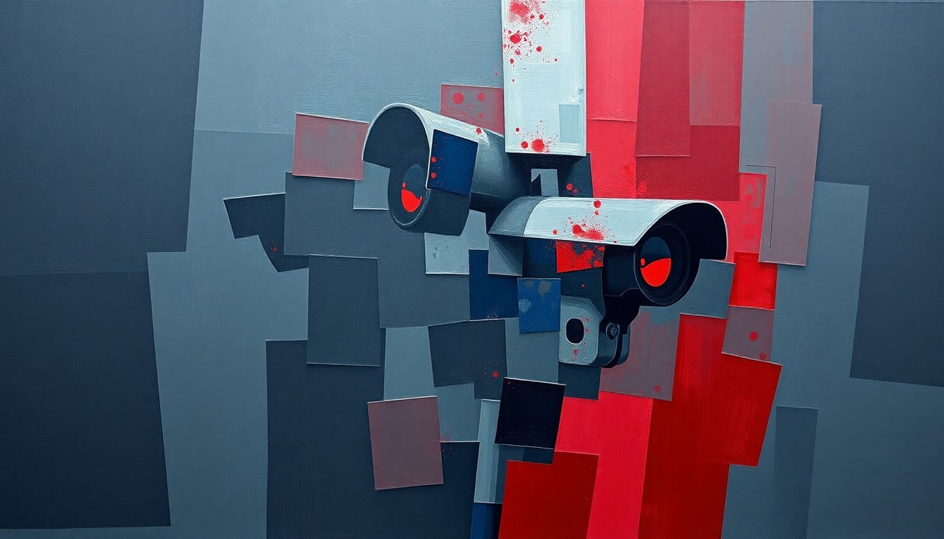 A dynamic, abstract painting featuring a fragmented traffic camera pole in overlapping geometric shapes and brushstrokes of dark grey, navy blue, and muted red, conveying the complex and contentious nature of the debate surrounding the use of traffic enforcement technology in the city.